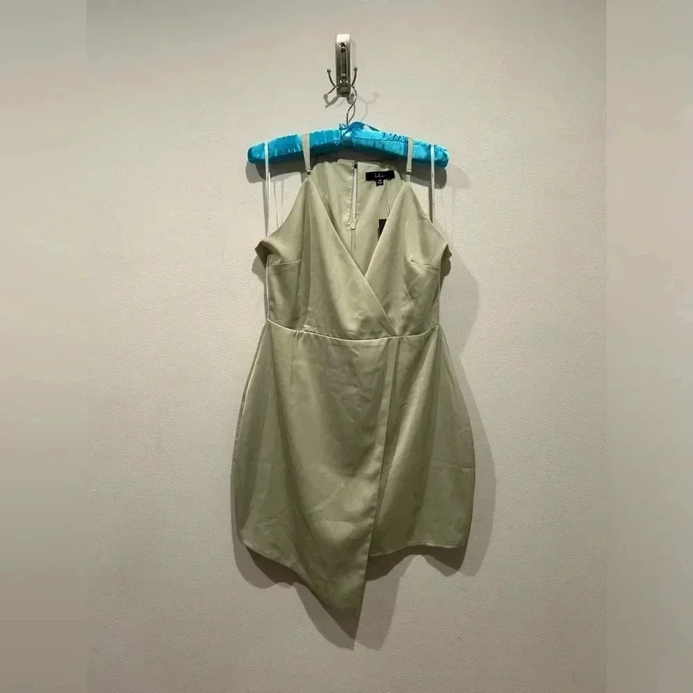 NWT LULU’S What a Stunner Sage Green Satin Asymmetrical
Mini Dress / Size Medium - Picture 3 of 9